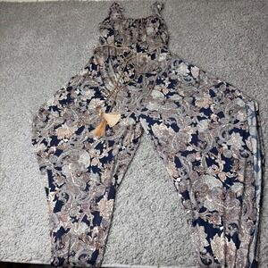 Venus Womens Navy Blue Paisley Wide Leg Jumpsuit Side Slits Belted Size Medium